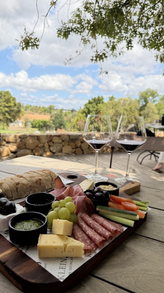Weintasting in Stellenbosch mit Käseplatte, Trauben und Rotwein
